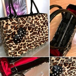 Lux de Ville Lucky Me Large Zipper Tote Bag Leopard Faux Fur Dice Pinup Retro